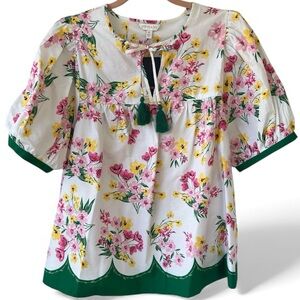 crown & ivy Floral Puff Sleeve Peasant top with Kelly Green Trim XL NEW tags